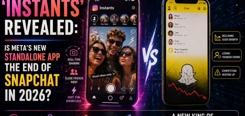 A comparison of the Instagram Instants app interface and Snapchat's camera-centric layout in 2026.