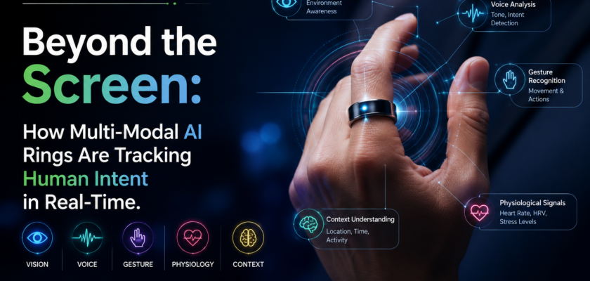 A high-tech smart ring interface processing real-time human intent analytics and spatial hand gestures.