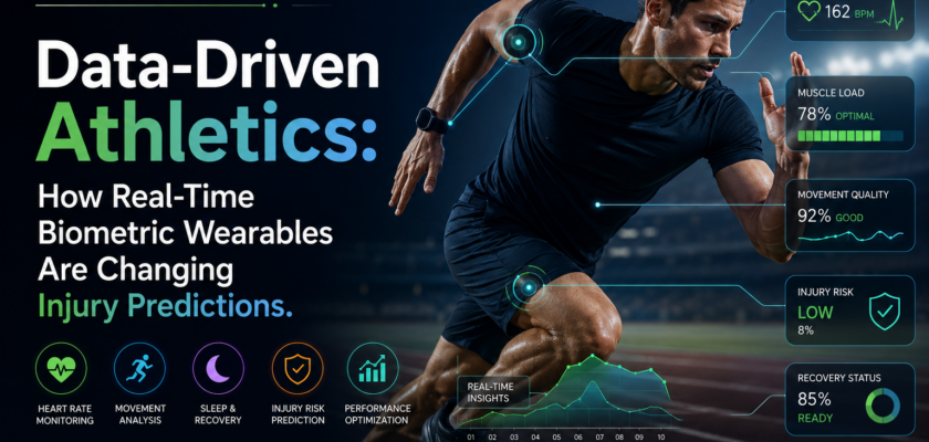 A professional athlete training on a track while a translucent digital overlay maps out real-time joint-angle symmetry and muscle-activation stress loads.
