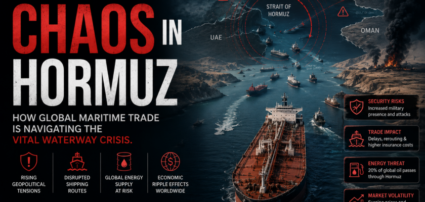 A large commercial container ship navigating the alternative, high-risk routing zones of the Strait of Hormuz amidst naval patrol vessels.