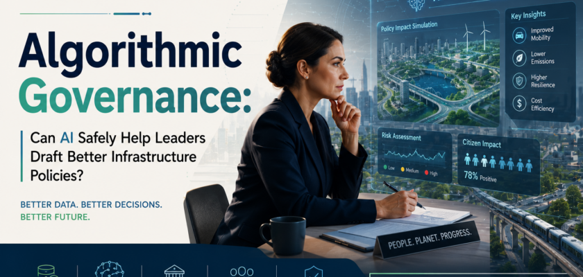 A high-level government boardroom where a policy advisor reviews an AI-generated regional infrastructure development simulation on an interactive digital terminal.