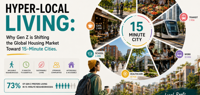 A high-resolution conceptual design of a polycentric urban street showcasing bike lanes, pedestrian greenways, and multi-use micro-apartments.