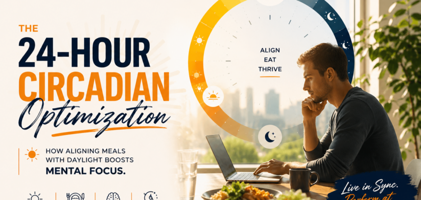 A high-level overview of a 24-hour circadian clock mapping out daylight meal windows and peak cognitive focus phases.