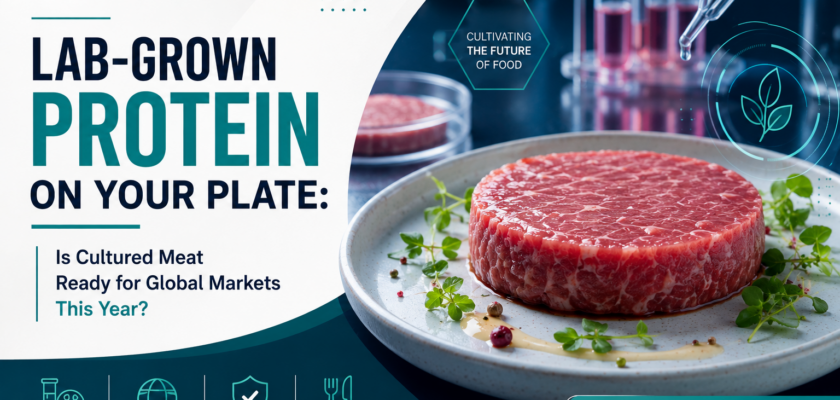 A state-of-the-art alternative protein production facility featuring automated stainless steel bioreactors cultivating clean meat cells.