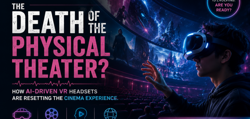 A premium home entertainment setup where a user wearing a sleek mixed-reality headset is immersed in a massive, floating virtual IMAX cinema theater.