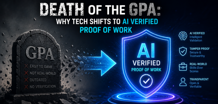 A tech recruiter dashboard screening a software engineer’s live, AI-verified cryptographic code repository and real-time portfolio metrics rather than a university transcript.