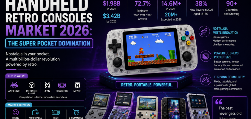 A vertical retro handheld console displaying a classic 64-bit platformer game next to a stack of physical collectible mini-cartridges.