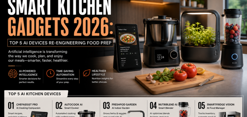 A contemporary luxury smart kitchen featuring a compact countertop AI chef cooker preparing gourmet ingredients next to a digital culinary tablet.