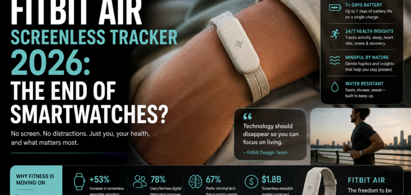 A lightweight, screenless woven wristband embedded with subtle biometric sensor nodes charging on an elegant wooden bedside stand.