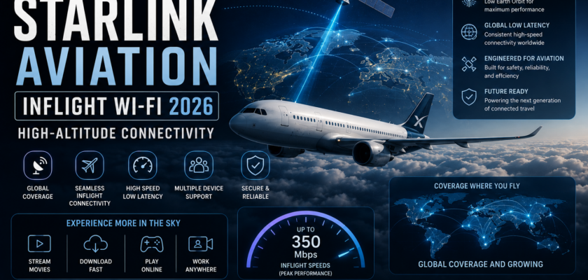 A premium widebody commercial jet flying above a sea of clouds, with a digital visualization overlay showing low-Earth orbit satellites connecting seamlessly to the aircraft.