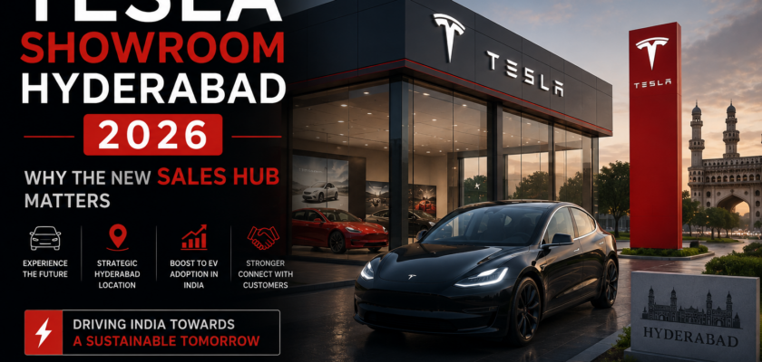 A premium minimalist Tesla showroom layout displaying the newly launched Model Y L under modern geometric studio lights.